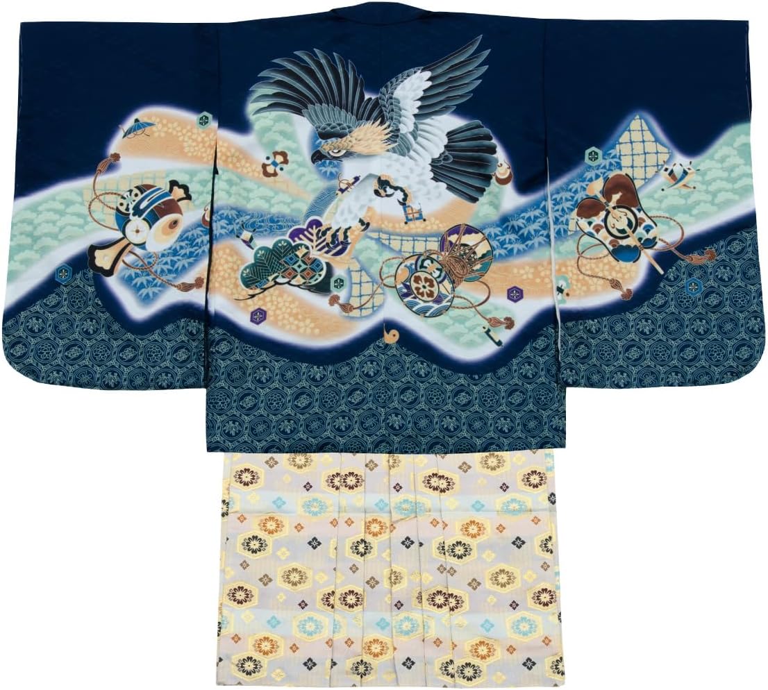 七五三 5歳 男の子 フルセット 羽織 着物と縞袴のセット【紺、鷹に